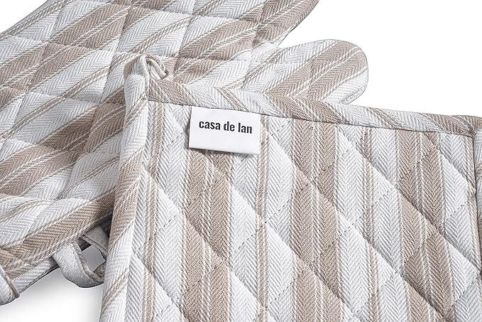 1 Oven Mitt, 1 PotHolder & 1 Kitchen Apron Set - Durable Heat Resistant Gloves - Thick Mittens for Kitchen - Suitable for Cooking, Baking, Grilling – for Men & Women – Taupe Stripes - Casa De Lan