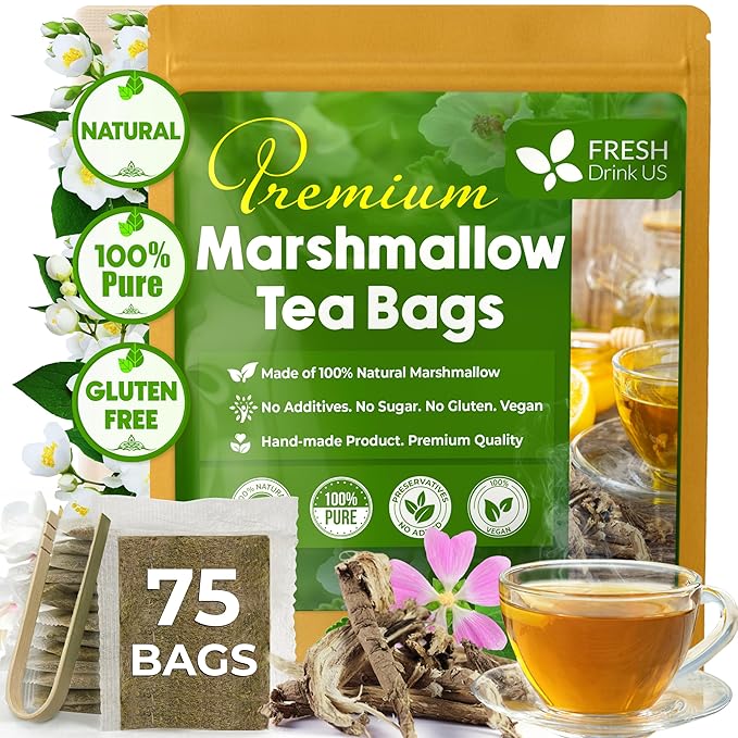 FreshDrinkUS, Premium 75 Marshmallow Root Tea Bags, 100% Natural & Pure from Marshmallow Root, Eco-Conscious Tea Bags, Herbal Tea. No Sugar, No Caffeine, No Gluten, Vegan.