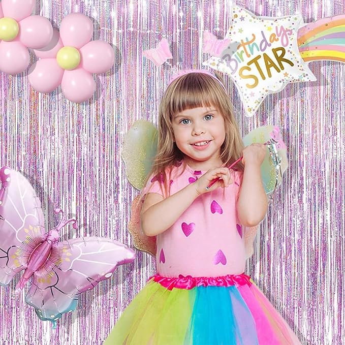 BRAVESHINE Pink Streamers Tinsel Foil Fringe Curtains - 2Pcs 3.2x8.2ft Metallic Photo Booths Backdrop for Girl/Princess/Birthday/Bridal Shower/Engagement/Bachelorette/Boo/Halloween Party Decorations