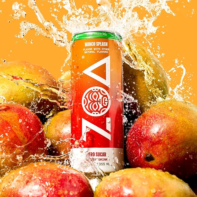 ZOA Zero Sugar Energy Drinks, Mango Splash - Sugar Free with Electrolytes, Healthy Vitamin C, Amino Acids, Essential B-Vitamins, and Caffeine from Green Tea - 12 Fl Oz (Pack of 12)