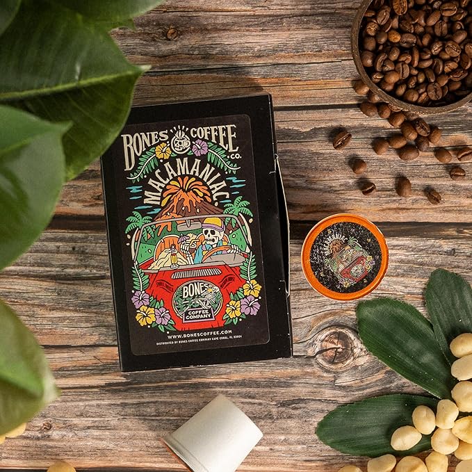 Bones Coffee Company Flavored Coffee Bones Cups Macamaniac Flavored Pods | 12ct Single-Serve Coffee Pods Compatible with Keurig 1.0 & 2.0 Keurig Coffee Maker