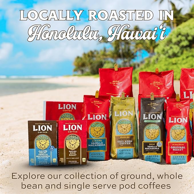 Lion Coffee Premium Gold Roast Whole Bean Coffee, 10% Kona Blend, Medium-Light Roast, A Taste of Aloha - 24 Ounce Bag
