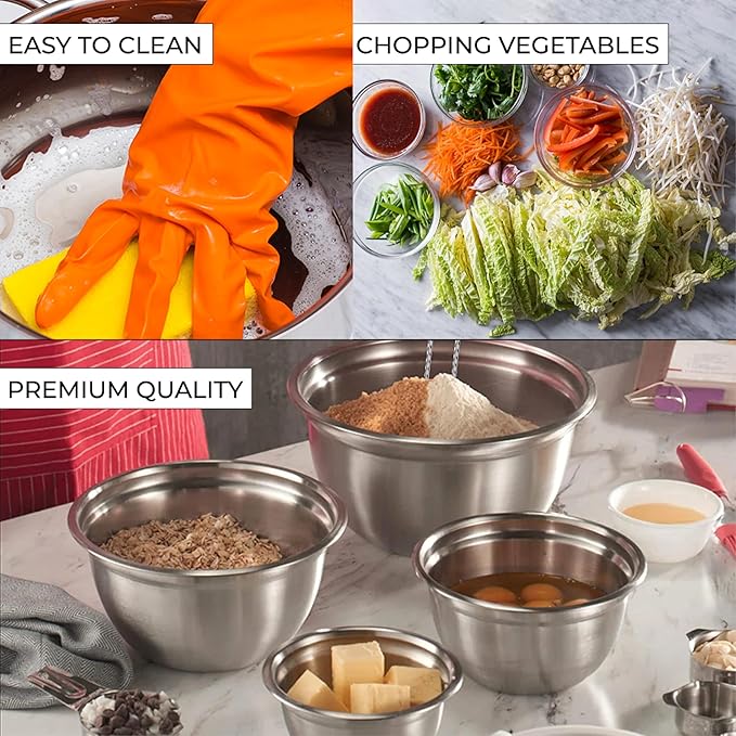 AVADOR Premium Stainless Steel Mixing Bowls Sets Brushed Stainless Steel Mixing Bowl Set, Easy To Clean, Space Saving, Great for Cooking, Baking, Prepping Needs (8 pc with Lid and Grater)