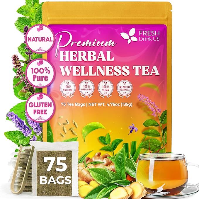 FreshDrinkUS, Premium Herbal Wellness Tea Bags | 75 Count | Blend of Sencha, Ginger, Fennel, Dandelion, Tulsi, Turmeric, Peppermint, Lavender, Lemongrass & Stevia – Herbal Tea. Vegan