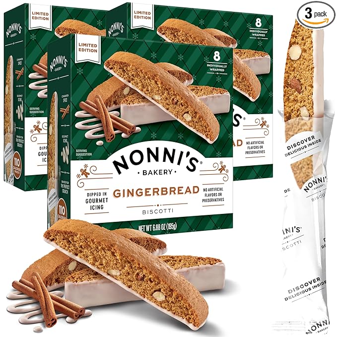 Nonni's Gingerbread Biscotti Holiday Cookies - 3 Boxes Gingerbread Cookies - Gingerbread Christmas Cookies w/Almonds & White Icing - Biscotti Individually Wrapped Cookies - Italian Cookies - 6.88 oz