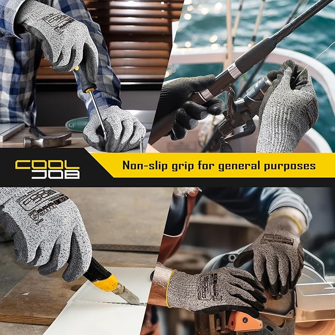 COOLJOB 12/120 Pairs Cut Resistant Safety Work Gloves with Grip, 13 Gauge Seamless Shell with PU Coating, ANSI A2 A4, Gray