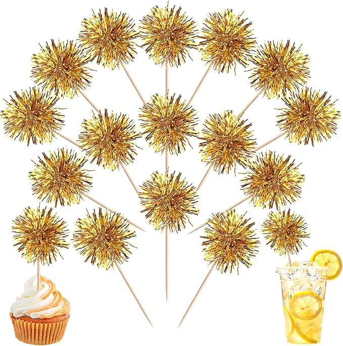 40 PCS Foil Firework Cupcake Toppers Fireworks Cupcake Picks Sparkle Tinsel Cake Decorations Cocktail Fruit Toothpick for Firework Theme Birthday Wedding Graduation Party Decorations Supplies Gold