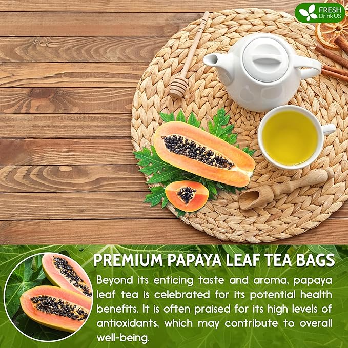FreshDrinkUS, Premium 25 Papaya Leaf Tea Bags, 100% Natural & Pure from Papaya Leaves. Loose Leaf Papaya Herbal Tea. Made with Natural Material Tea Bags. No Sugar, No Caffeine, No Gluten, Vegan.