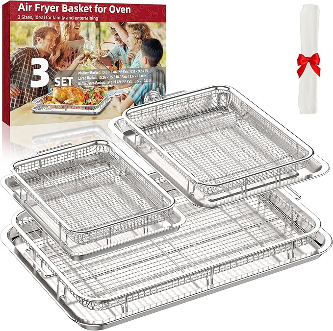 Air Fryer Basket for Oven, 3 Set Stainless Steel Oven Air Fryer Basket and Tray with 90 PCS Parchment Papers, OPENICE Air Fryer Pans and Crisper Tray - 18.7" x 12.8", 15.6" × 11.6" & 12.8" × 9.6"