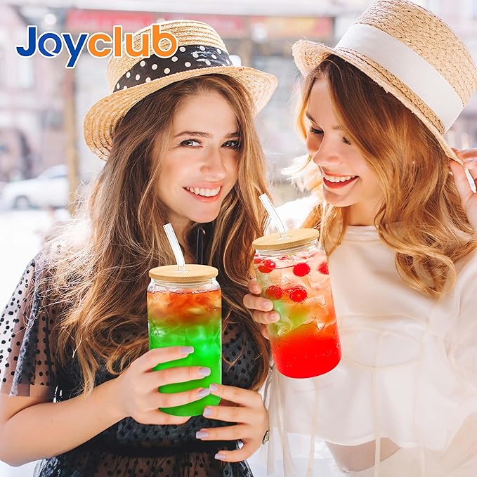 Joyclub Glass Cups with Bamboo Lids and Straws 2 Set 16 oz Reusable Iced Coffee Cup Beer Can Drinking Jars for Smoothie Whiskey Boba Soda Tea Gift