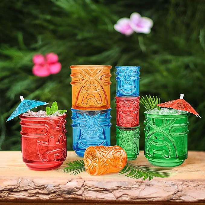 Final Touch Tiki Glasses Set of 4 - Kanaloa, Lono, Kū, Kāne Designs, 12 oz (355 ml), Multicolored, Stackable Totem Pole Storage, Durable Glassware for Tropical Cocktails (TK5302)