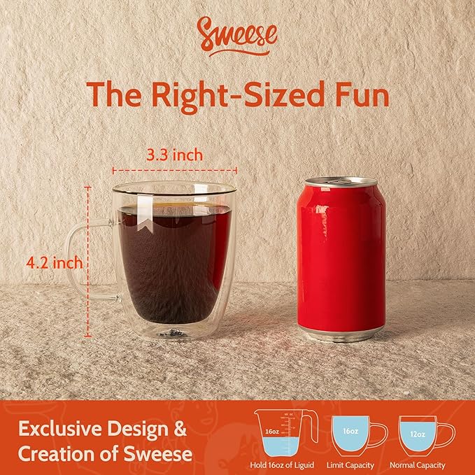 Sweese 12.5 oz Double Wall Glass Coffee Mugs Set of 2 - Insulated for Espresso, Latte, Tea Beverages