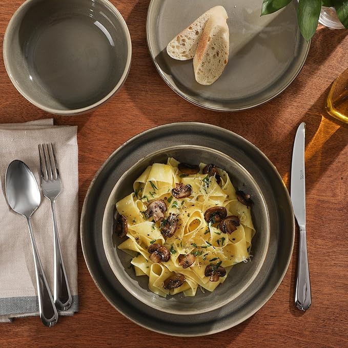 Gibson Elite Sunveil 16 Piece (Service for 4) Plates and Bowls Reactive Glaze Round Dishes Stoneware Ceramic Dinnerware Set -Taupe