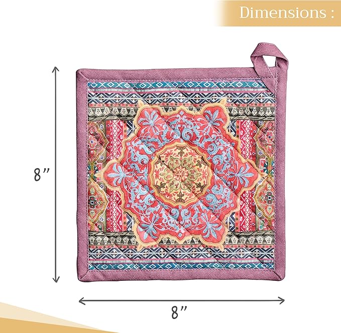 Maison d' Hermine Pot Holders Set 100% Cotton Heat Resistant Potholders 8" x 8" Hot Pads with Loop BBQ, Cooking, Baking, Grilling, Kitchen, Handling Hot Pans (Pack of 2, Ispahan)