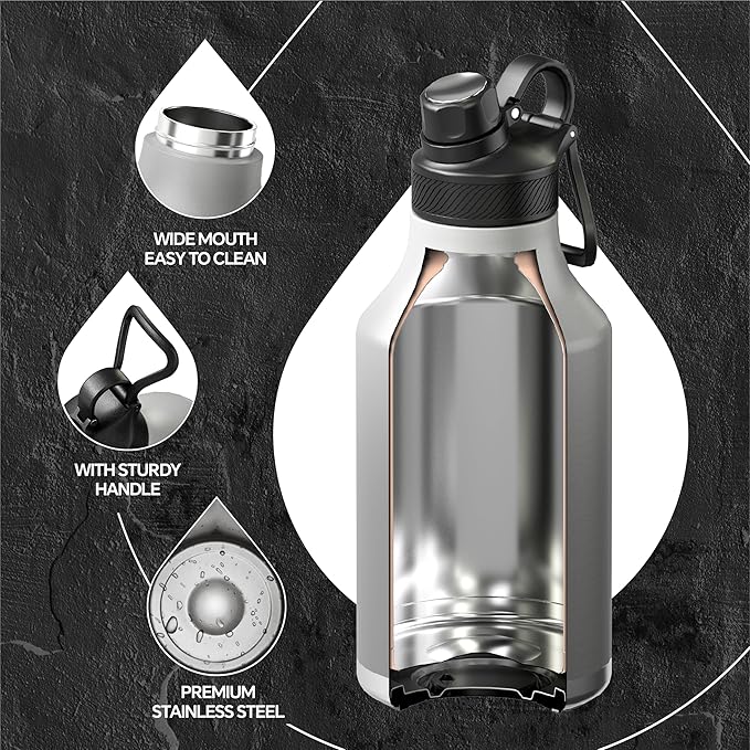 IDEUS Insulated Stainless Steel Water Bottle with 2 Leak-Proof Lids, Thermal Water Flask for Hiking Biking, 64oz, Bright Blue