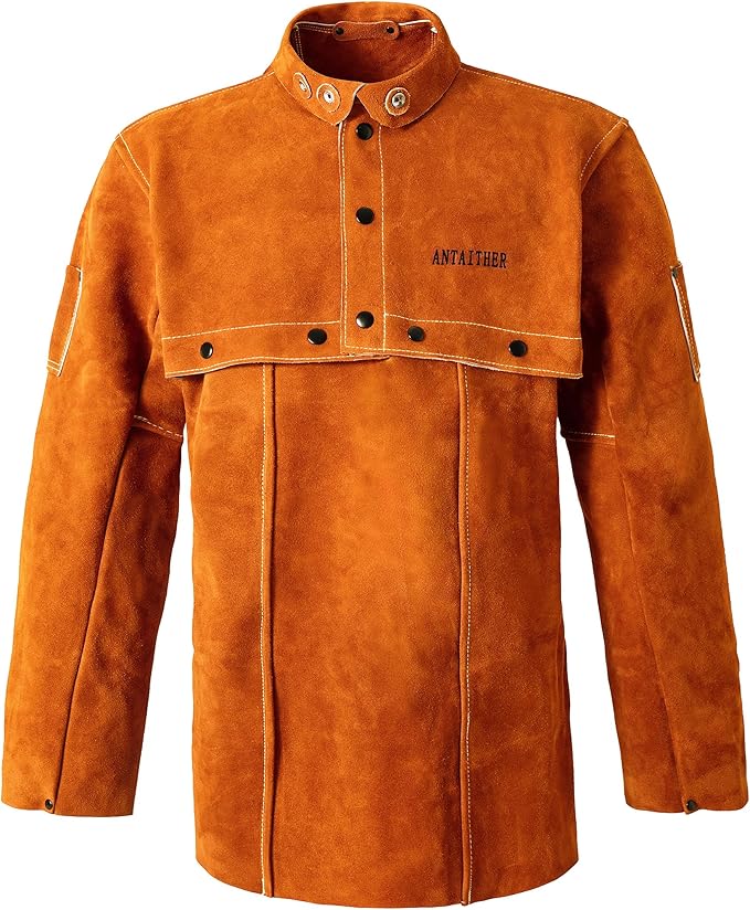 ANTAITHER Leather Welding Jacket with Open Back, Bib Apron with Cape Sleeve, Heat Flame Resistant Welder Coat