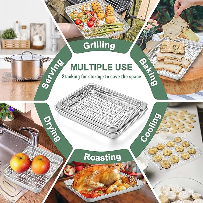 Quarter Sheet Pan with Wire Rack Set (2 Baking Sheets+2 Racks), Homikit Stainless Steel Baking Tray with Grid Cooling Rack for Toaster Oven Roasting, Metal Bacon Cookie Jelly Roll Pan, 12" x 10" Inch