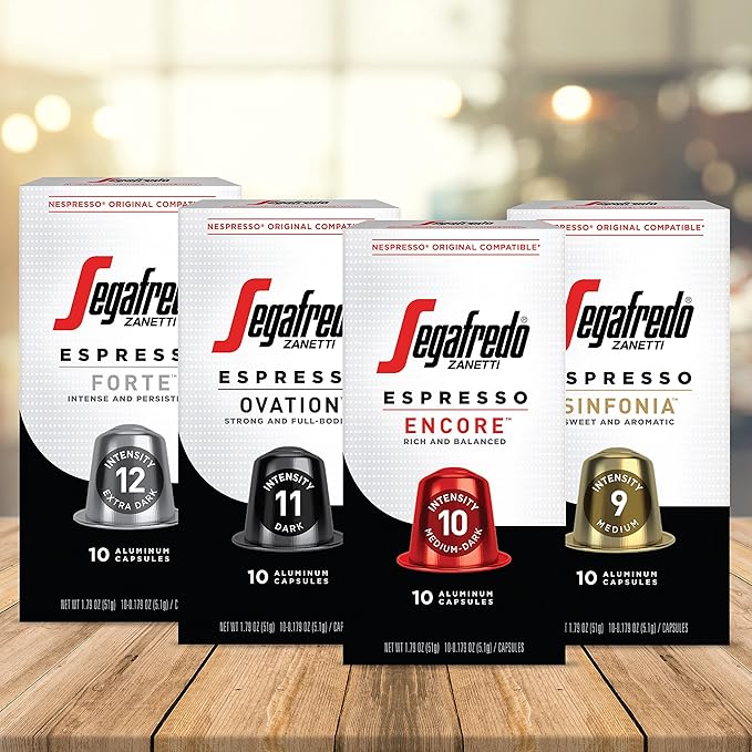 Segafredo Zanetti Espresso Capsules – Aluminum Pods for Nespresso Original Machines – Medium-Dark Roast Premium Espresso with a Rich Aroma – Balanced, Intensity 10 – Encore, 10 Count (Pack of 4)