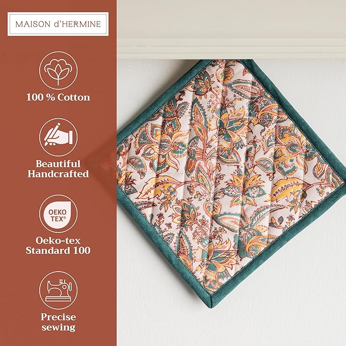Maison d' Hermine Pot Holders 100% Cotton Heat Resistant Potholders 8" x 8" Hot Pads with Loop BBQ, Cooking, Baking, Grilling, Kitchen, Handling Hot Pans (Pack of 1, Nila)
