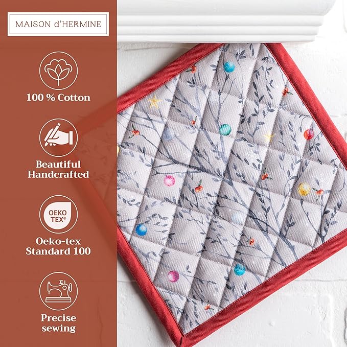 Maison d' Hermine Pot Holders 100% Cotton Heat Resistant Potholders 8" x 8" Hot Pads with Loop BBQ, Cooking, Baking, Grilling, Kitchen, Handling Hot Pans (Pack of 1, Fairy Christmas)
