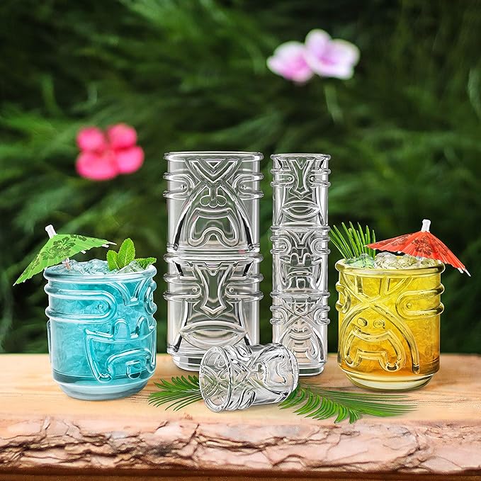 Final Touch Tiki Glasses Set of 4 - Kanaloa, Lono, Kū, Kāne Designs, 12 oz (355 ml), Clear, Stackable Totem Pole Storage, Durable Glassware for Tropical Cocktails (TK5303)