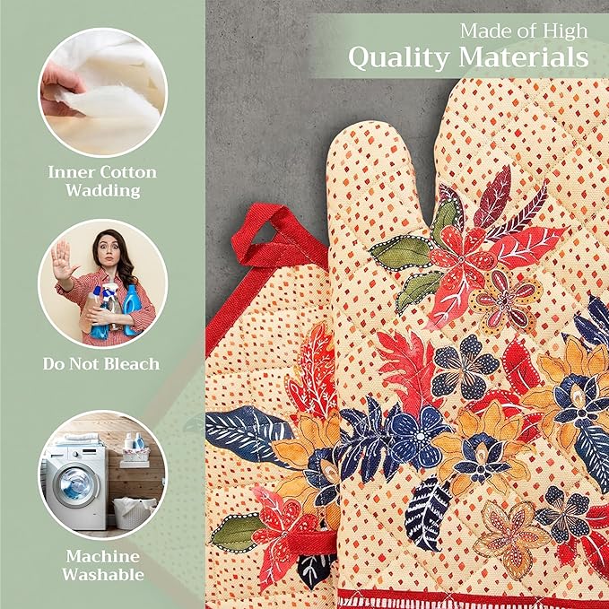 Maison d' Hermine 100% Cotton Oven Mitt & Pot Holder Set (7.5"x13" & 8"x8") Heat Resistant BBQ Cooking Gloves with Loop, Baking, Grilling, Kitchen, Handling Hot Pans (Kalahari)