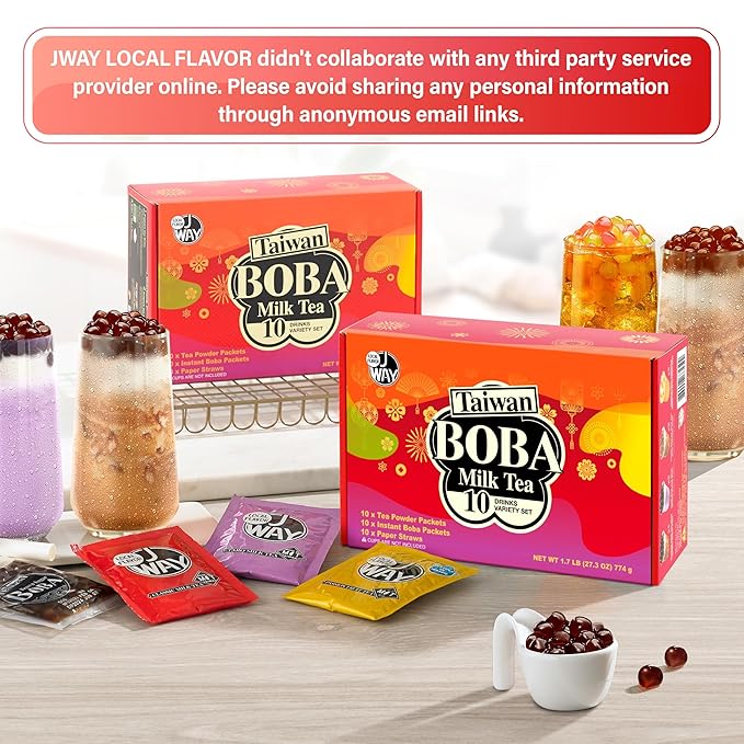 J WAY Instant Boba Bubble Pearl Variety Milk Tea Fruity Tea Kit with Authentic Brown Sugar Caramel Fruity Tapioca Boba, Ready in Under One Minute, Paper Straws Included - Gift Box - 10 Servings