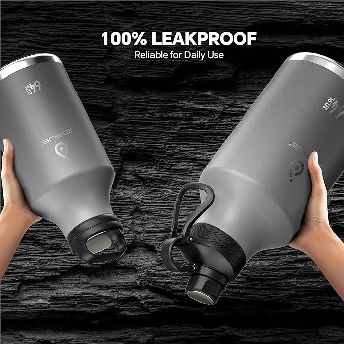 IDEUS Insulated Stainless Steel Water Bottle with 2 Leak-Proof Lids, Thermal Water Flask for Hiking Biking, 64oz, Bright Blue