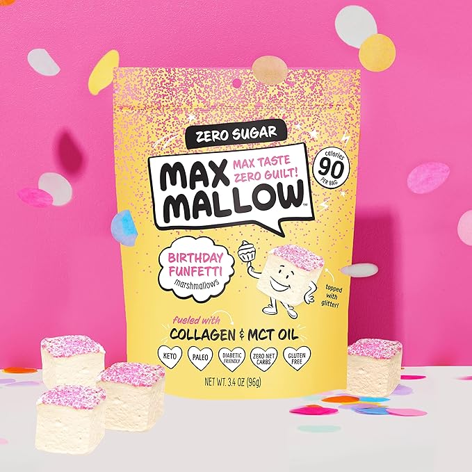 Max Mallow Sugar Free Marshmallows - Keto Friendly, Perfect for S'mores, Hot Chocolate, and Baking with Zero Sugar Snacks, Smores Mct Oil Zero Sugar Marshmellow Marshmallow Birthday Cake, 6 Pack