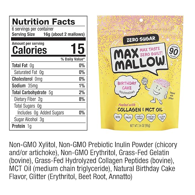 Max Mallow Sugar Free Marshmallows - Keto Friendly, Perfect for S'mores, Hot Chocolate, and Baking with Zero Sugar Snacks, Smores Mct Oil Zero Sugar Marshmellow Marshmallow Birthday Cake, 6 Pack