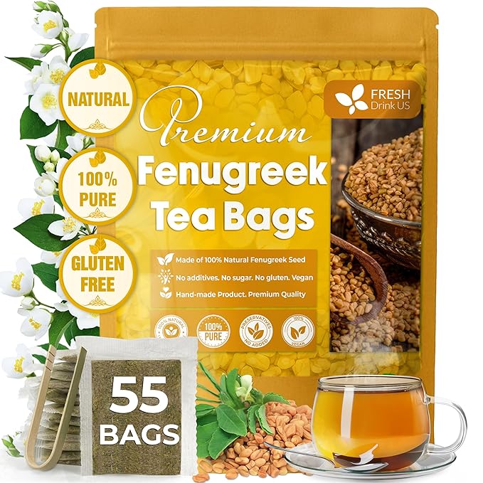 FreshDrinkUS, Premium 55 Fenugreek Tea Bags, 100% Natural & Pure from Fenugreek. Fenugreek Herbal Tea. Made with Natural Material Tea Bags. No Sugar, No Caffeine, No Gluten, Vegan.