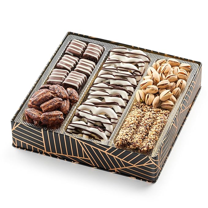 Oh! Nuts Chocolate and Nuts Gift Basket - Gourmet Truffles & Chocolates Pretzels - Assorted Nut Gift Square Metal Tin Box - Healthy Food Gifts Baskets for Holiday, Birthday, Corporate, Women & Men
