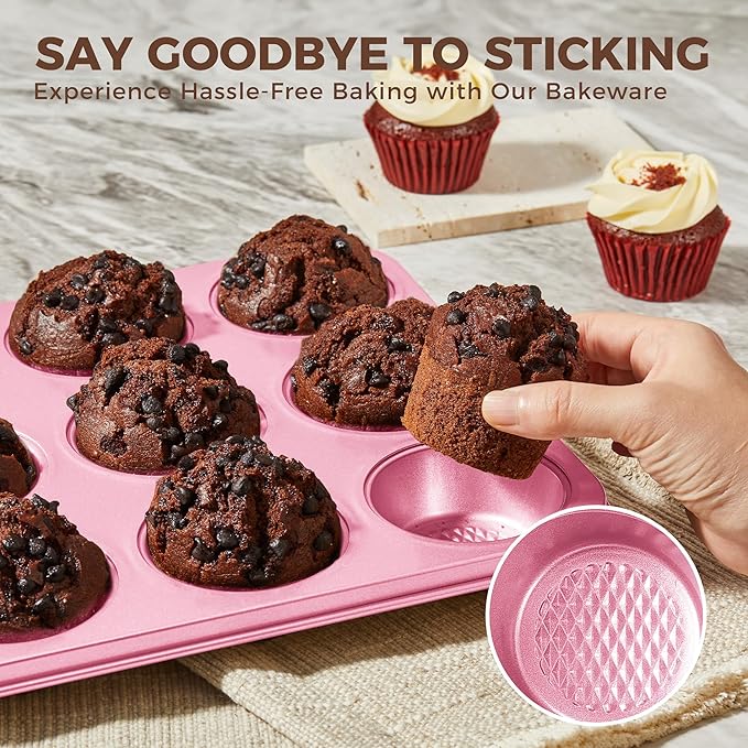 HONGBAKE 9-Piece Baking Pans Set Nonstick, Stackable Non Toxic Bakeware Sets with Diamond Texture, Oven Pan Set for Cooking, Includes Cookie Sheet with Rack, Cake Pan, Roasting Pan, Muffin Tin, Pink