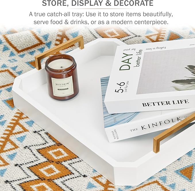 Decorative Acacia Wood Ottoman Tray - Coffee Table Tray - Breakfast, Party, Drinks, Snack, Liquor Serving Platter - Farmhouse to Modern - Brass Handles (Moonlight White)
