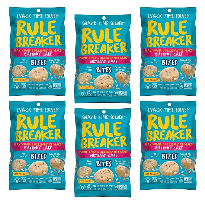 Rule Breaker Vegan & Gluten-Free Cookies | Birthday Cake Bites | Plant-Based, Dairy, Nut, Soy, Allergen Free, Kosher | Soft-Baked School Snacks for Kids and Adults (Pack of 6)