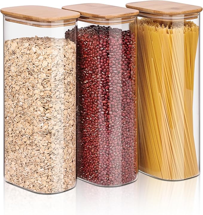 Liuruiyu Glass Storage Jars Set of 3, Clear Glass Food Storage Containers with Airtight Bamboo Lid Stackable Kitchen Canisters for Candy,Cookie,Rice,Sugar,Flour,Pasta(Flat)