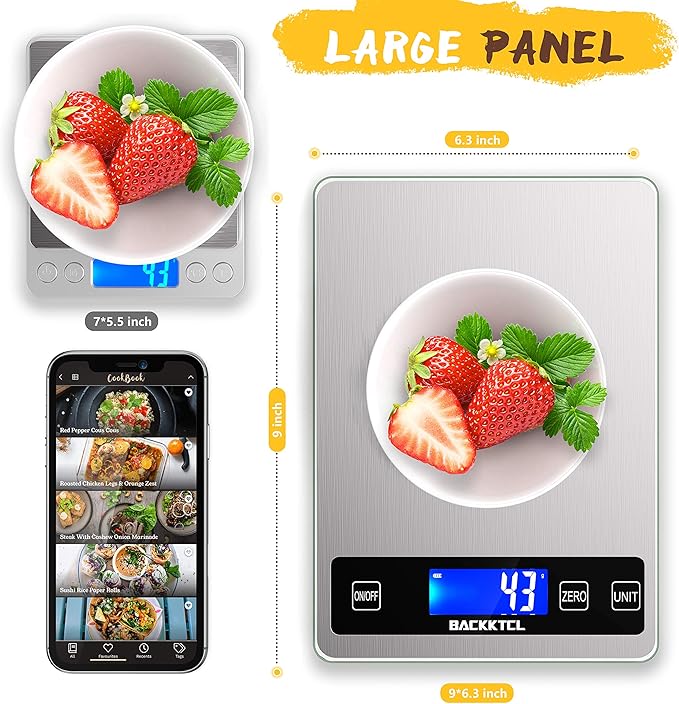 ''Cooking Master' 22lb Digital Kitchen Scale,Food Scale Measures in Grams and Ounces for Weight Cooking Baking,1g/0.1oz Precise Graduation,Stainless Steel and Tempered Glass