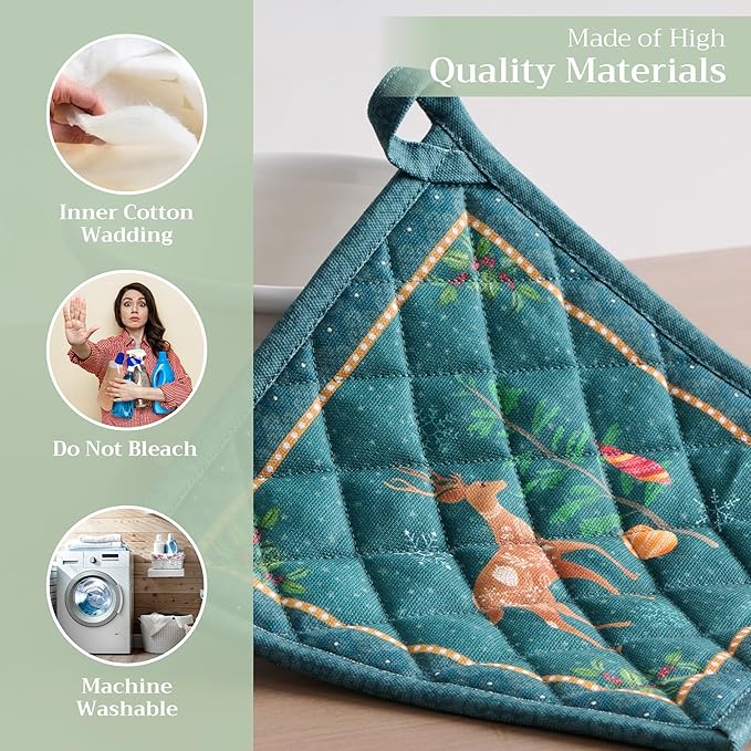 Maison d' Hermine Pot Holders Set 100% Cotton Heat Resistant Potholders 8" x 8" Hot Pads with Loop BBQ, Cooking, Baking, Grilling, Kitchen, Handling Hot Pans (Pack of 2, Hygge Christmas)