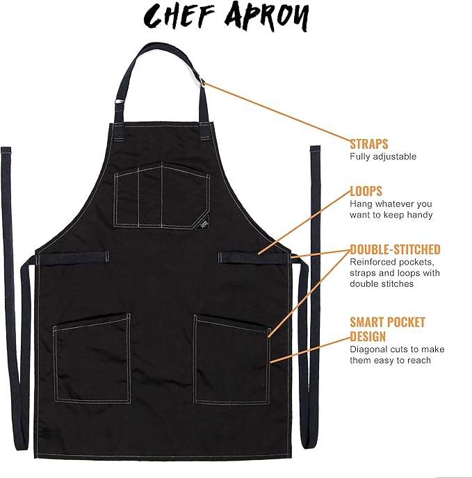 Under NY Sky Chef Apron – Professional Black Twill – Cotton Straps - Smart Pockets - Adjustable for Men and Women – Pro Chef, Cook, Kitchen, Baker, Barista, Bartender, Server Aprons