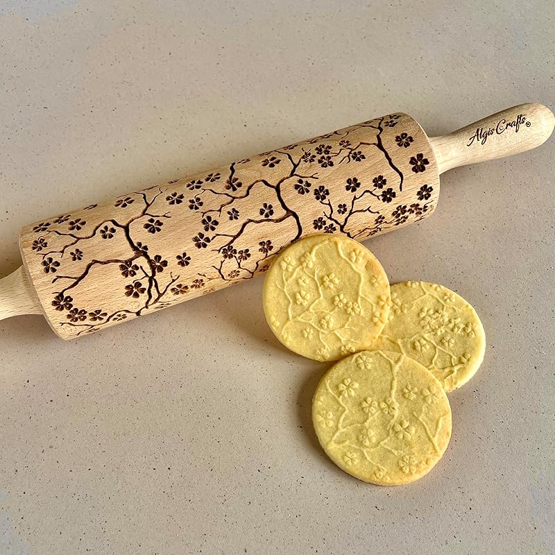 SAKURA TREE Embossing Rolling Pin with Blooming Sakura Flowers Pattern. Dough and Clay Roller for Embossed Cookies Fondant Pottery. Cookie and Ceramic Stamp. Backing Gifts for Women by Algis Crafts