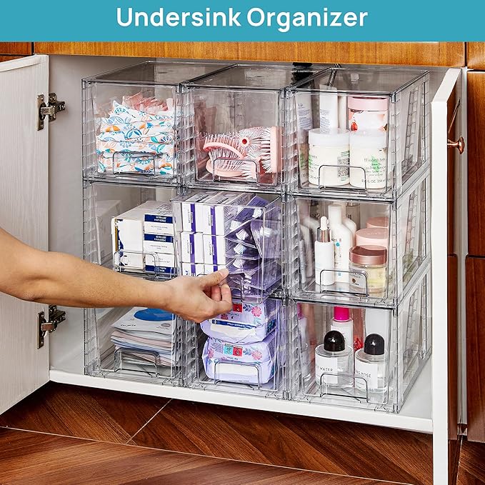 Vtopmart 6 Pack Large Stackable Storage Drawers,Easily Assemble Acrylic Bathroom Closet Undersink Organizers and Storage,Plastic Bins for Kitchen Cabinets,Pantry,Makeup,Medicine Organization