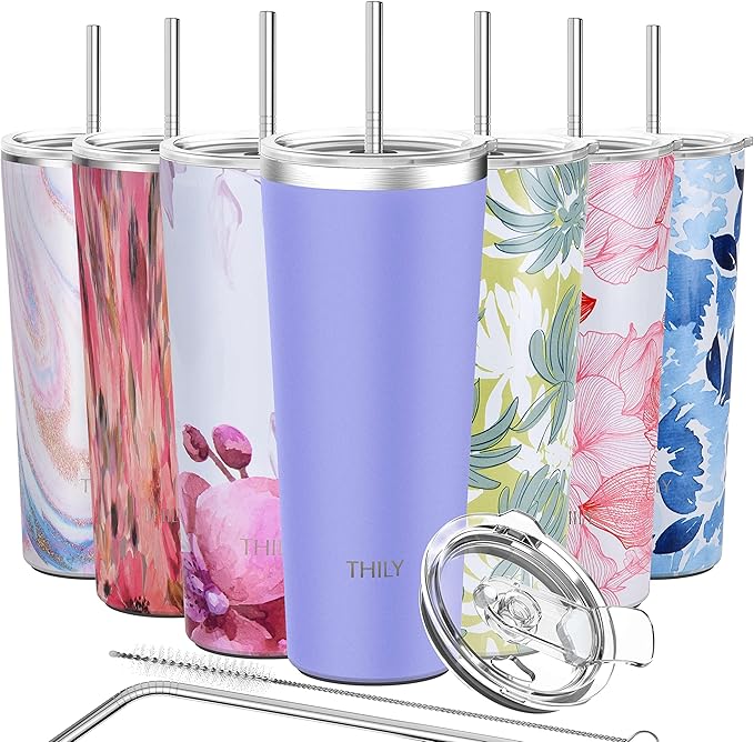 THILY Tumbler Stainless Steel Travel Mug 26 oz Triple-Insulated Coffee Cup with 2 Lids and Straws, Reusable, Powder Coated, Splash-Proof, Keep Ice Drinks Cold, Lavender