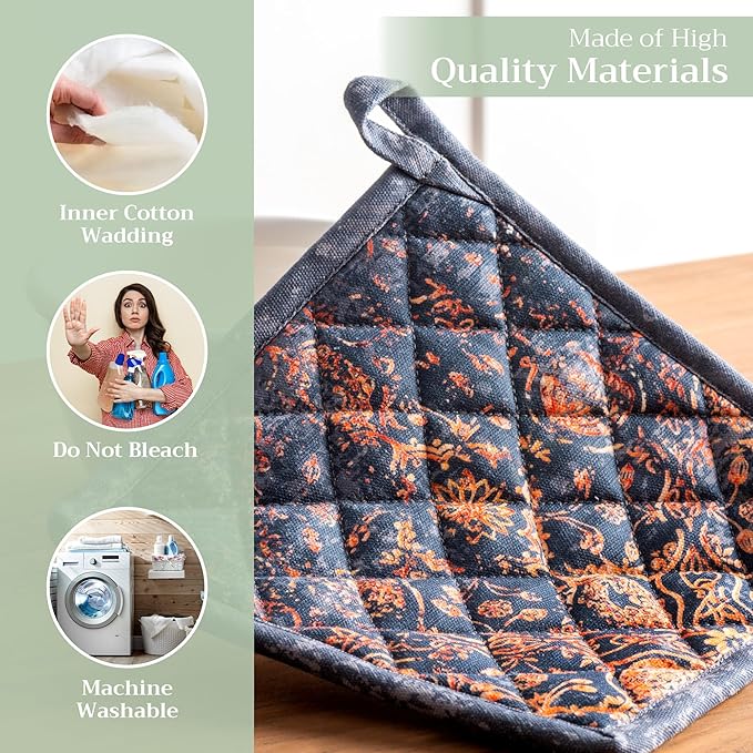 Maison d' Hermine Pot Holders 100% Cotton Heat Resistant Potholders 8" x 8" Hot Pads with Loop BBQ, Cooking, Baking, Grilling, Kitchen, Handling Hot Pans (Pack of 1, Imperfection)