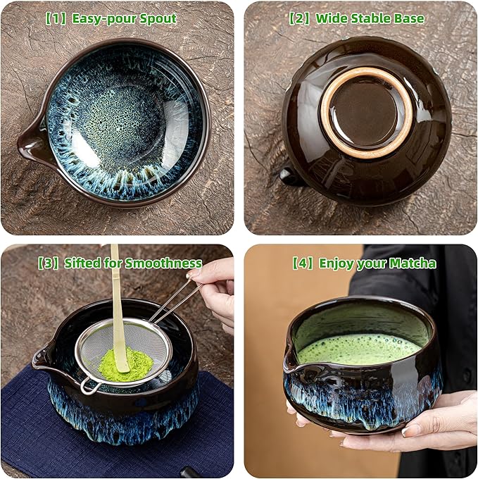 TEANAGOO Matcha Whisk Set, 7 Pcs Matcha Set Blue, Matcha Kit for Ceremony, Matcha Tea Set for Making Breakfast/Latte, Ceramic Matcha Bowl(chawan) whith Spout and Whisk, Gift for Friend/Family
