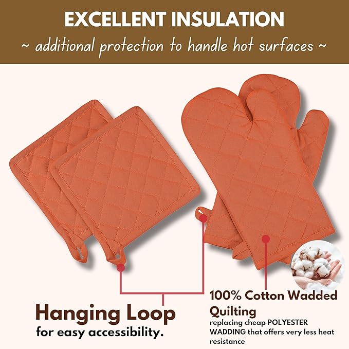 Native Fab 4 Piece Set - 2 Oven Mitts & 2 Potholders, Heat Resistant, 100% Cotton, Quilted Design, Non-Slip Grip, Machine Washable, Ideal for Baking, Cooking, BBQ, Kitchen Protection - Orange