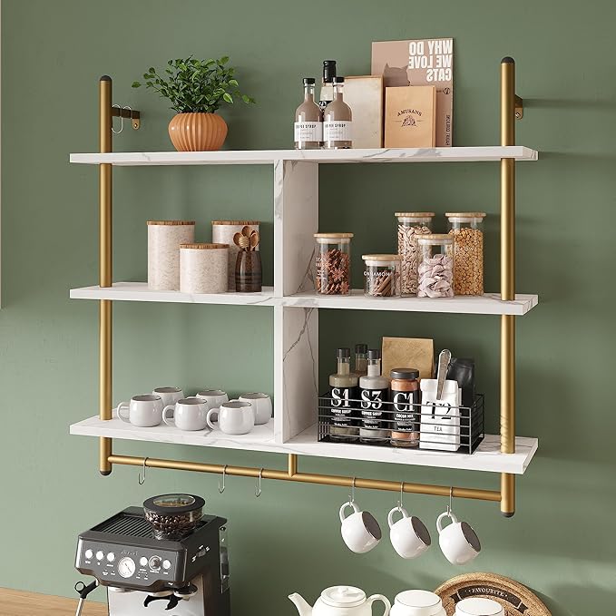 Bestier Kitchen Shelves Wall Mounted Floating Pipe Shelving 3 Tier 41.5" Coffee Bar Shelf with Holder Wall Display Storage Rack Kitchen Organization and Home Decor, White Faux Marble