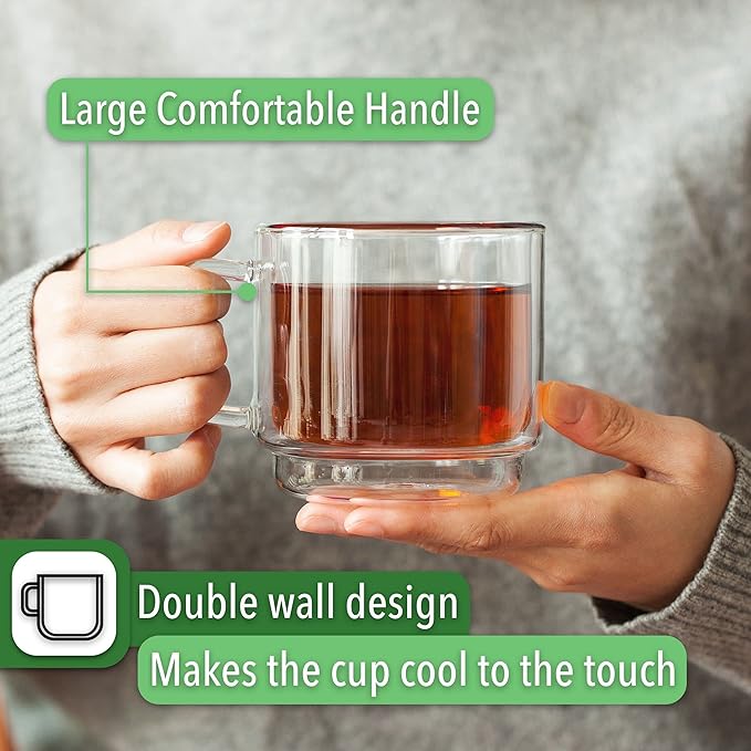 BTaT- Stackable Insulated Coffee Mugs, Glass Tea Mugs, Set of 4 (12 oz, 350 ml), Double Wall Glass Coffee Cups, Tea Cups, Latte Cups, Beer Glasses, Latte Mug