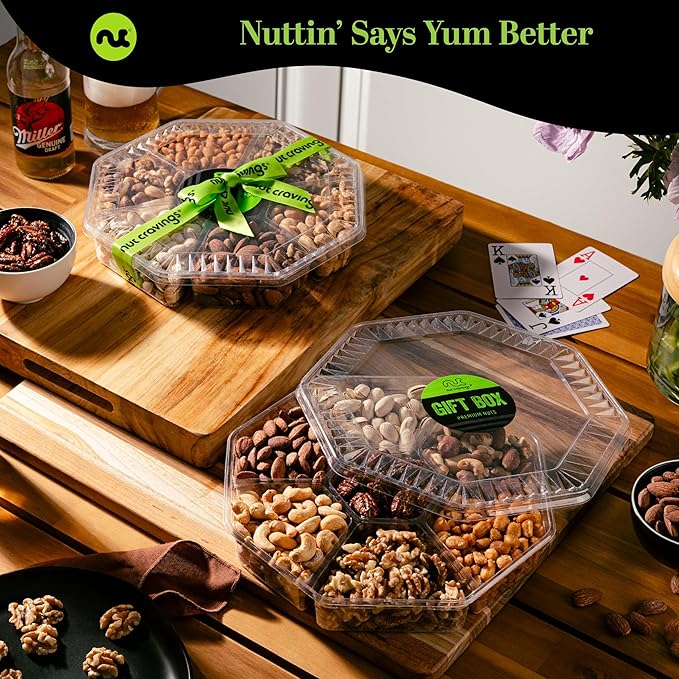 NUT CRAVINGS - Thanksgiving Mixed Nuts Gift Basket in Green Gold Box (7 Assortments, 2 LB) Holiday Xmas Christmas Food Arrangement, Healthy Snack Care Package, Food Assortments