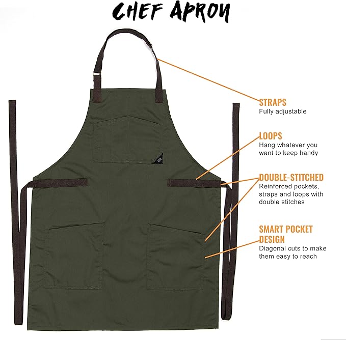Under NY Sky Chef Apron – Professional Green Twill – Cotton Straps - Smart Pockets - Adjustable for Men and Women – Pro Chef, Cook, Kitchen, Baker, Barista, Bartender, Server Aprons