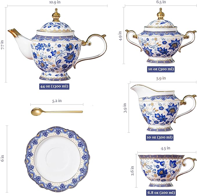 ACMLIFE Bone China Tea Set for 6, Blue and White Tea Set for Adults 24K Gold, Vintage Floral British English Cups and Saucers for Women Party or Gift Giving (Blue)